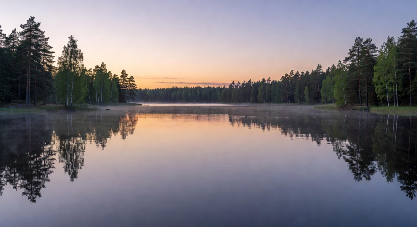 Wide expansive view of the calm Finnish lake at twilight