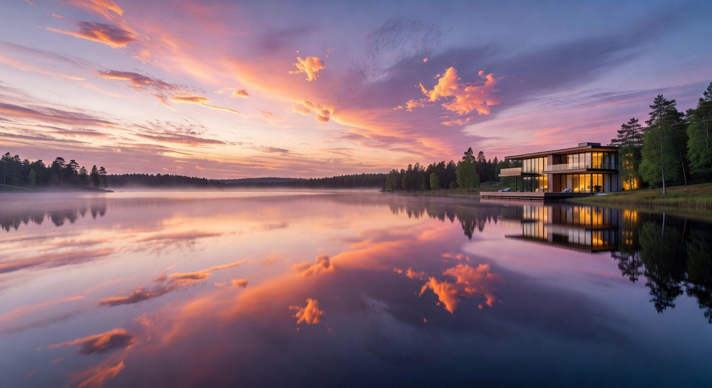 Wide view of the Finnish lake at sunset